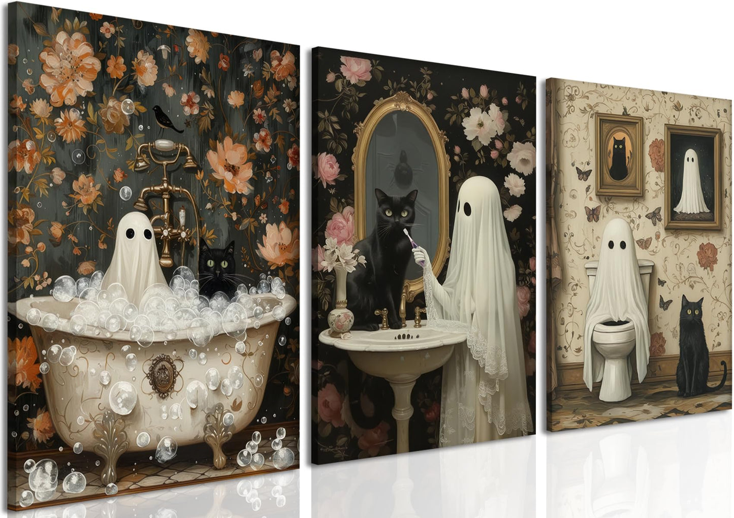 Halloween Ghost Bathroom Wall Art Set of 3, Funny Gothic Wall Decor Dark Academia Decor Pictures, Horror Ghost and Black Cat in Bathroom Poster Canvas Prints 12x16 inch Framed