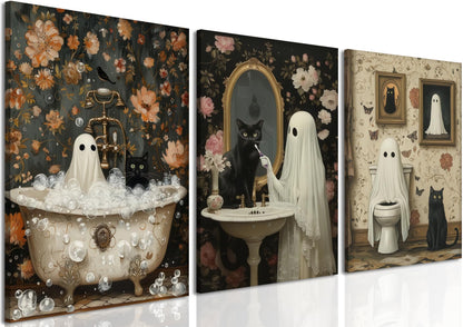 Halloween Ghost Bathroom Wall Art Set of 3, Funny Gothic Wall Decor Dark Academia Decor Pictures, Horror Ghost and Black Cat in Bathroom Poster Canvas Prints 12x16 inch Framed