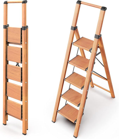 WOA WOA 5 Step Ladder, Ladders for Home, Anti-Slip Pedals, Aluminum Step Stool Foldable, Lightweight to Move, Ease of Storage, Reach 10ft for Closet Kitchen Library, Hold 300lbs - Wood Grain