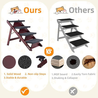 MEWANG Wooden Pet Stairs/Pet Steps - 3-in-1 Foldable Stairs & Ramp for Tall Beds and Cars - Portable Dog/Cat Ladder Up to 220 Pounds - for Small and Older Animals(Brown) (31.5" L x 17.2" W x 25.0" H)