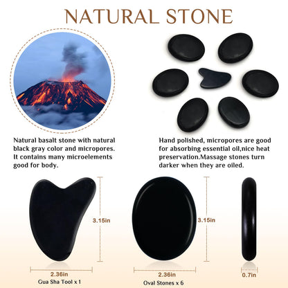 HDYAR 7 Pieces Hot Stones Massage Set - 6 Large Oval Massage Stones for Body Massage and 1 Heart-Shaped Basalt Stone Gua Sha Tool for Face Hot Rocks for Home Spa, Relaxing, Pain Relief