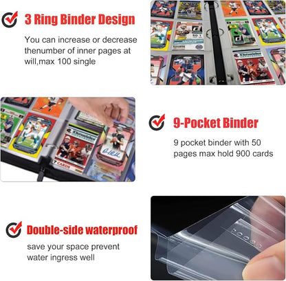 900 Pockets Football Card Binder, Portable Waterproof Storage Card Album with Removable Sleeves for Sports Football Cards 2025 2026 Collectors(laser silver hot stamping)