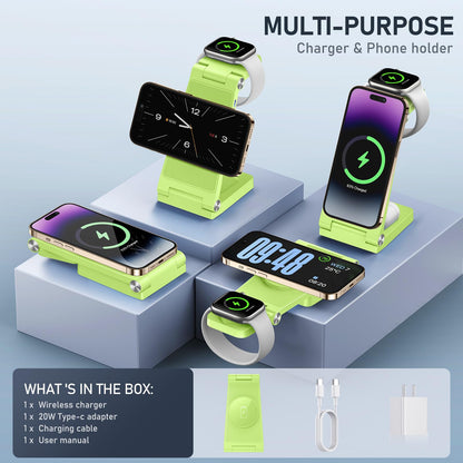 Magnetic Wireless Charger Stand, 3 in 1 Foldable Wireless Charging Station with 20W Adapter, Travel Charger for Multiple Devices for iPhone 17 16 15 14 13 12 Pro/Max/Plus/Mini, iWatch, AirPods