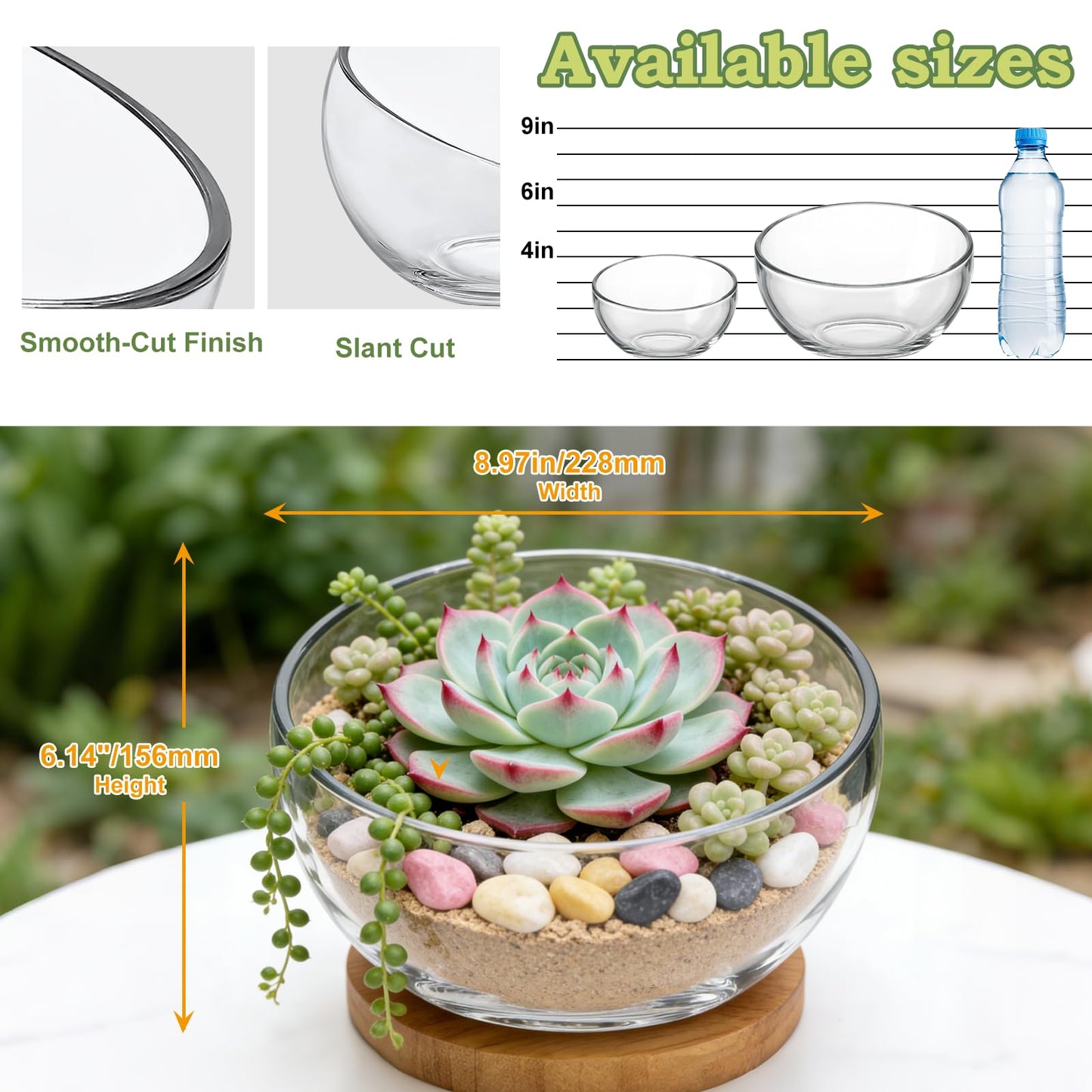 2Pack Slant Cut Bowl, Glass Terrarium, Glass Fish Bowl Vase, Flower Vase Centerpiece, Candy Dish, Fruit Jar (Big: Open 8.5" Height 6" x 3" ; Small: Open 5.75" Height 4" x 2")