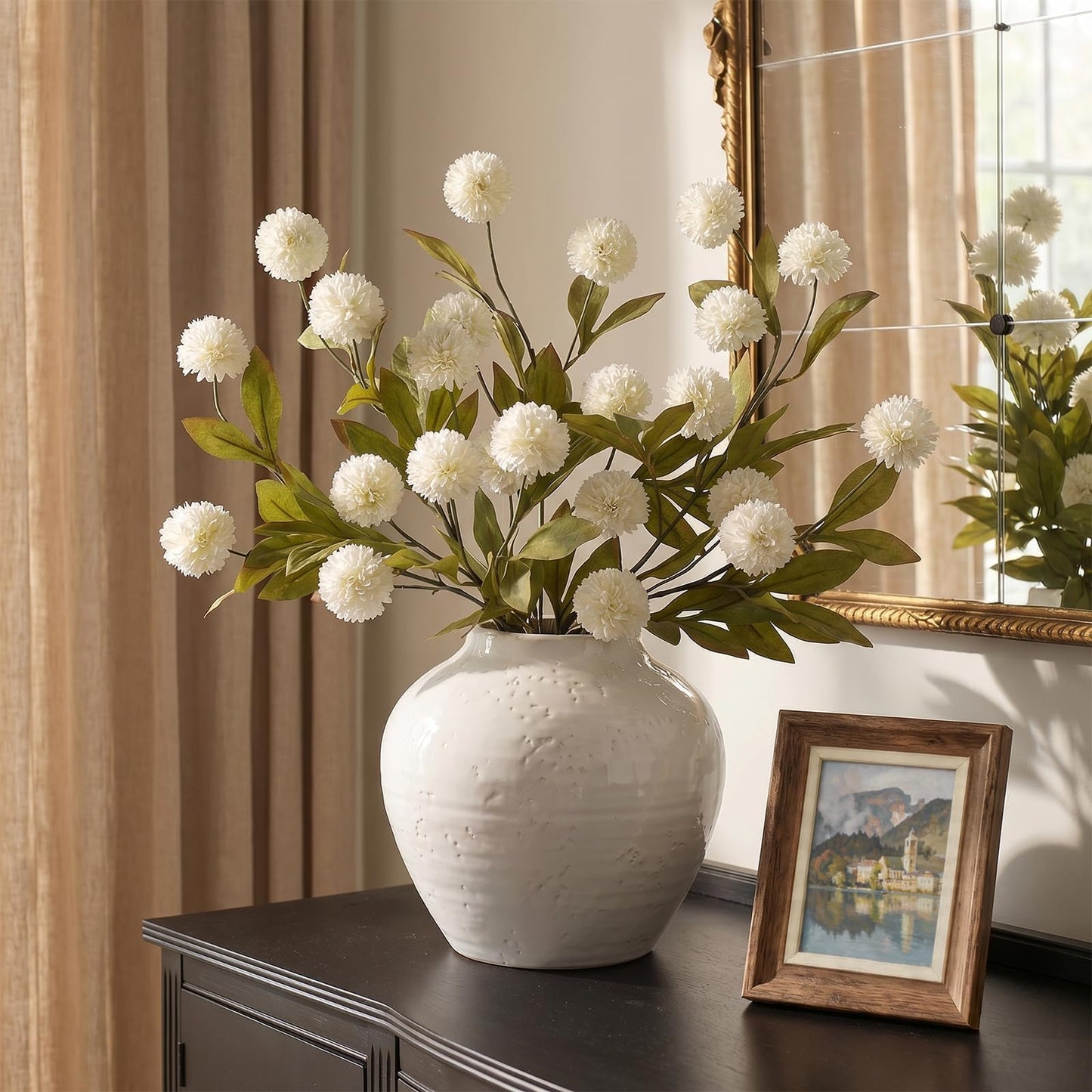 Juxdp 6 PCS Artificial Pompon Mum Branches for Vase - 27" Fake Silk Chrysanth Stems Look Real Faux Flowers for DIY Bouquet, Table Centerpieces, Farmhouse, Home Decor (Cream)