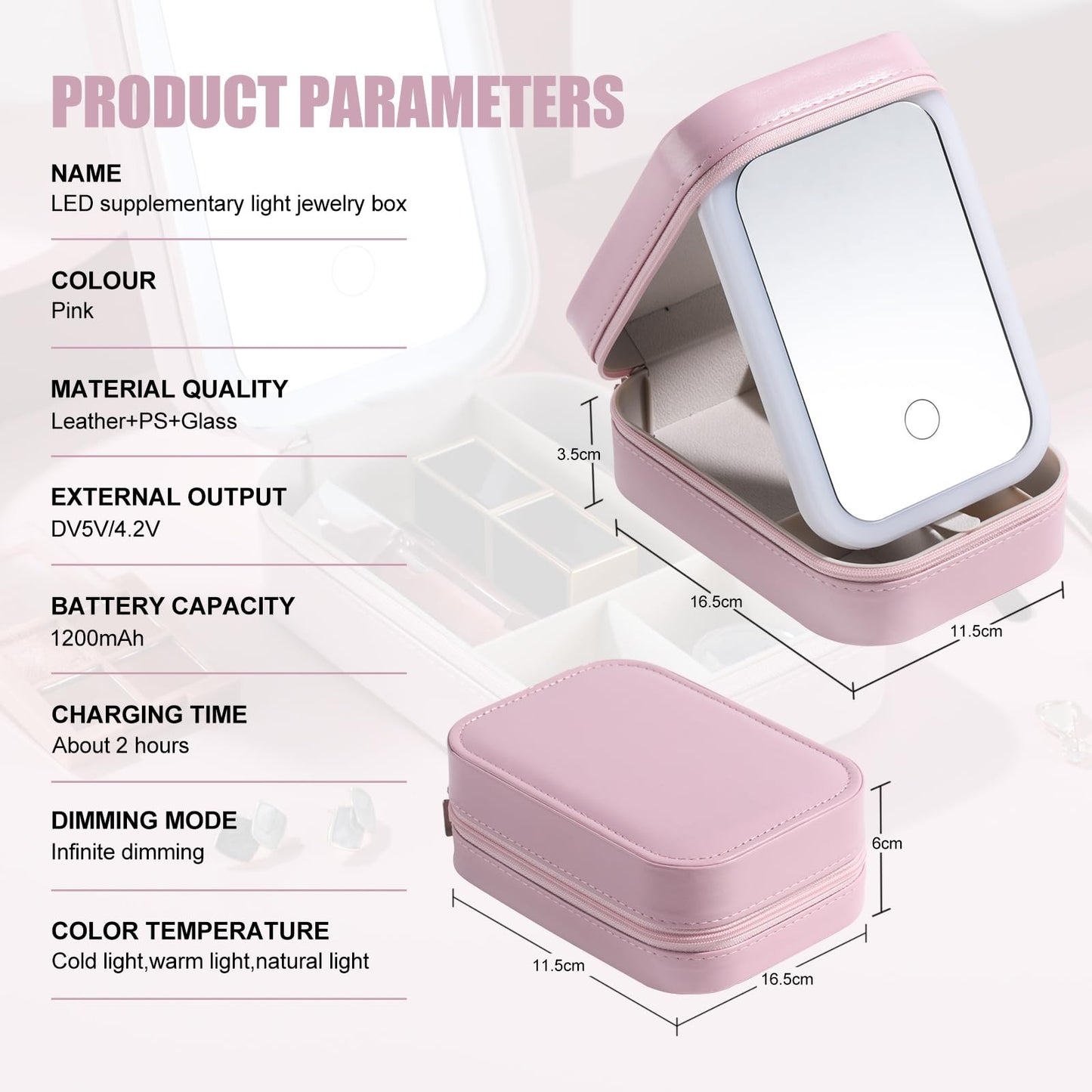 BS-MALL Travel Cosmetic Mirror Case LED Makeup Mirror Storage Case for Eyelash station Brushes Cosmetic Tools Pink On-the-go Makeup Needs (White)