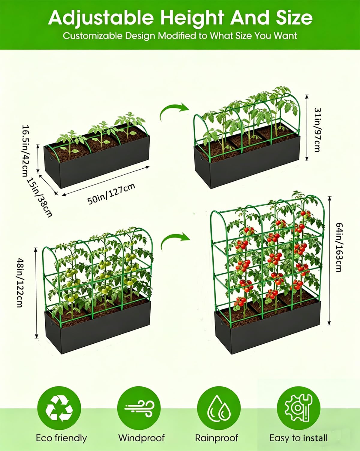 Cucumber Trellis with Grow Bags for Garden, 63in Tall Garden Trellis for Climbing Plants, Metal Plant Trellis with Garden Netting for Vegetables Flowers Fruits(4 Arches)(U-Shape)
