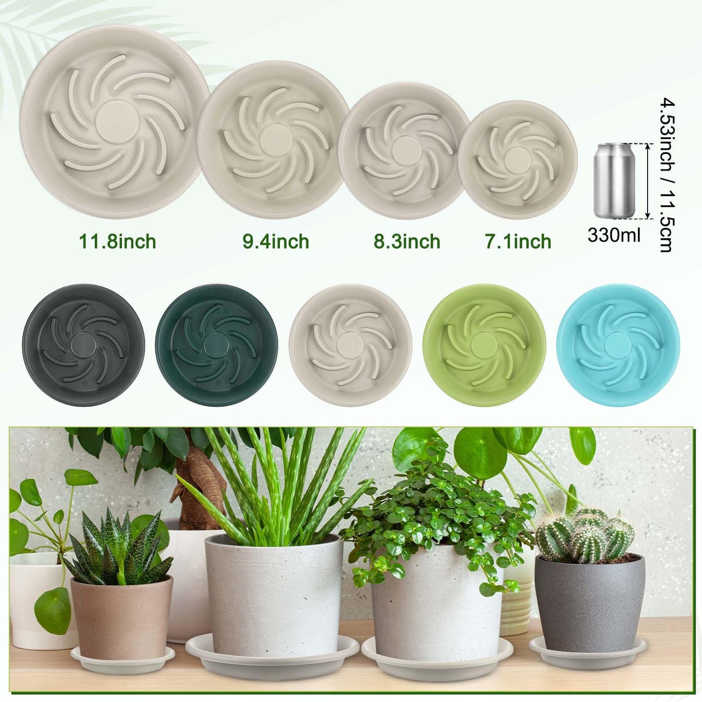 M METERXITY 2-Pack Plant Saucers, 7.3 Inch ID Anti-Rot Root Resin Flower Pot Plant Saucers for Indoor/Outdoor, Flowerpot Drip Tray [9.4 Inch OD, Gray White]