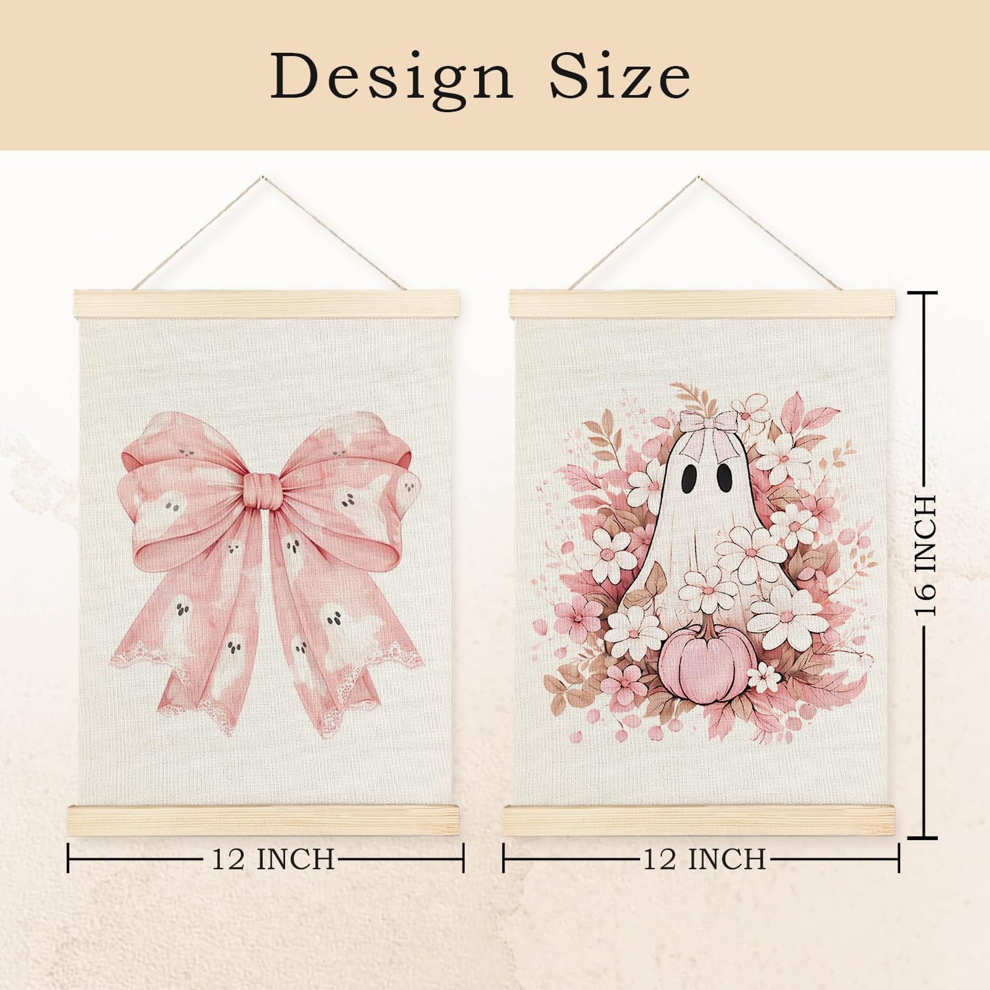 Exqcom Coquette Pink Bow Floral Halloween Ghost Wall Decor Set of 2, Preppy Pink Fall Pumpkin Floral Wall Art Poster, Halloween Ghost Posters for Girly Room Bedroom Dorm Apartment Home, 12x16 Inches