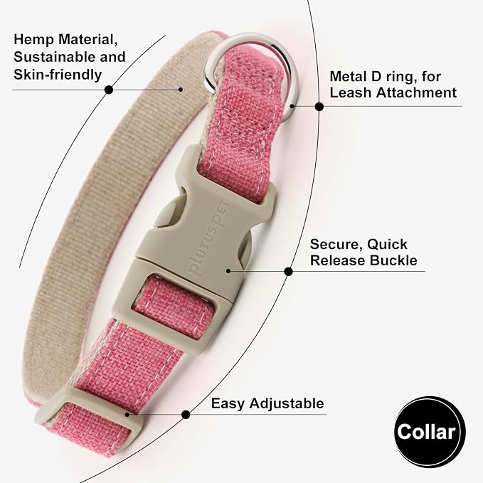 Plutus Pet Cotton Hemp Dog Collar and Leash Set, Adjustable Collar for Small, Medium, and Large Dogs, Heavy Duty and Soft on Skin, Hot Pink, XS