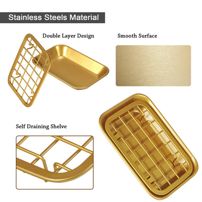Kitchen and Bathroom Soap Dish Tray - Metal 2-Piece Soap Dish Tray with Drainage Grid and Holder for Kitchen Sink Countertops to Store Soap, Sponges, Scrubbers - Rust Resistant (2 Pack, Gold)