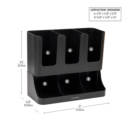 Mind Reader Condiment Station, 13 Inch Countertop Coffee Bar Organizer with 6 Compartments, Storage Caddy for Cups, Lids and Packets, Plastic, Black