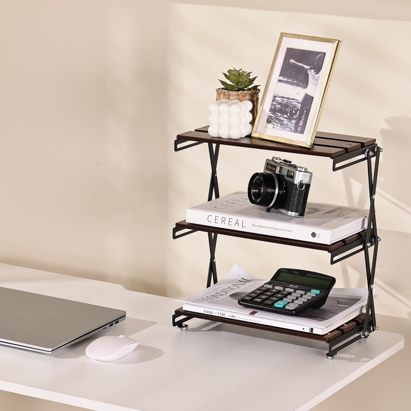 TlaroRiz Desk Shelf Organizer 3 Tiers Wood Compact Desk Organizer Storage Rack Metal Frame Office Desk Shelf Organizers,Walnut