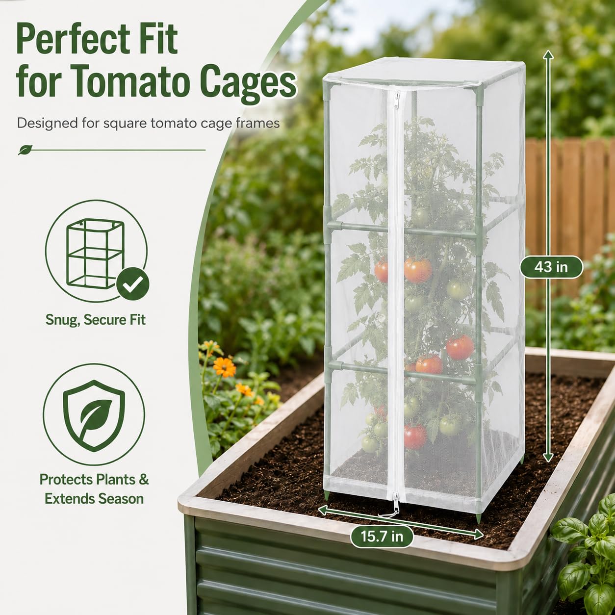 Halatool Garden Tomato Plant Cover Netting, Fits 40–50" Tall Square Tomato Cages, Garden Bird Netting with Zipper & Drawstring, Insect Barrier, Plant Covers from Insects Animals, 4 Pack, 43"×15.7"