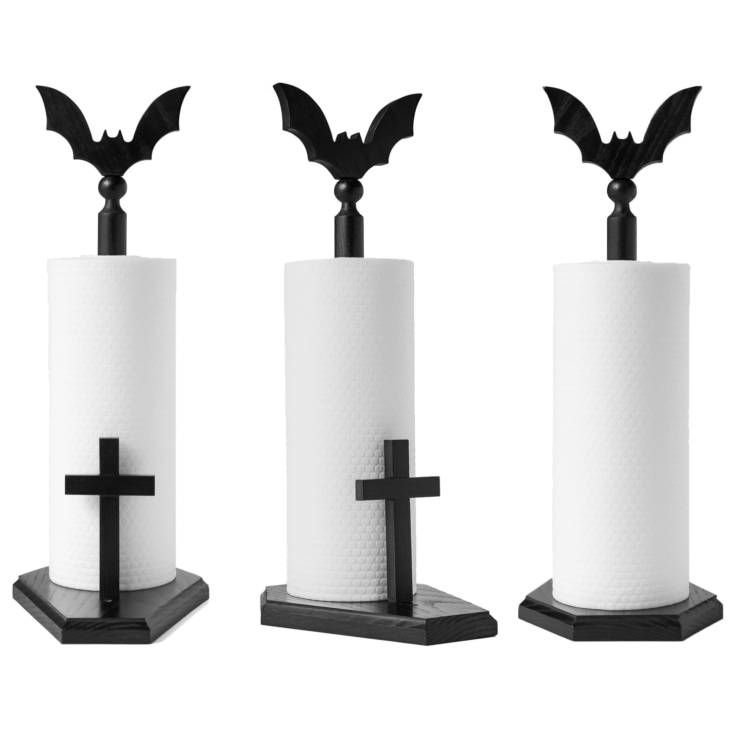 Kihomi Bat Paper Towel Holder with Suction Cups - Black Wooden Coffin Paper Roll Holder, Gothic Kitchen and Bathroom Accessory, Halloween Decor, Spooky Rustic Table and Witchy Gifts for Women (Bat)