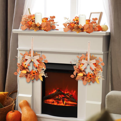 6 Pcs 3 Inch Fall Floral Wreaths Autumn Harvest Sunflowers Pumpkins Leaves Berries Hanging Candle Rings Wreath Mini Thanksgiving Table Centerpiece Wreath for Pillar Cabinets Farmhouse Decoration