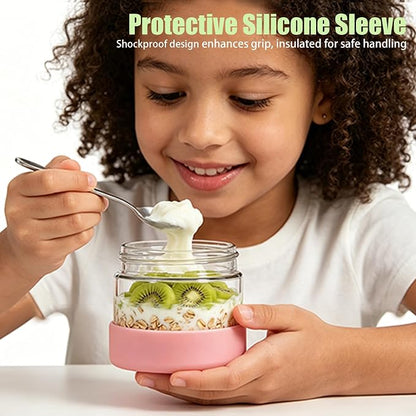 JohnBee 6-Pack 8 oz Glass Overnight Oats Containers with Airtight Lids and Silicone Sleeves - Wide Mouth Jars for Salad, Yogurt, pickles, Snacks, Spice & Sugar - Leakproof Glass Food Storage Jars