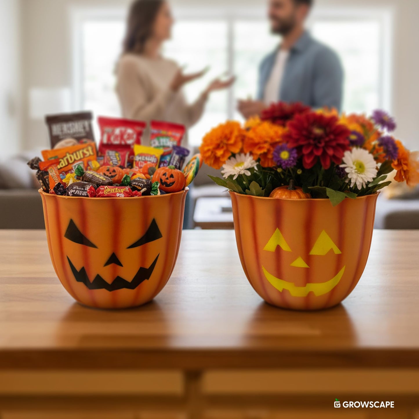 GROWSCAPE Halloween Pumpkin Planter with Face - 10” Fiber Clay Pot with Drainage Candy or Snack Bowl Indoor Outdoor, Fall and Halloween Decor (2 Pack)
