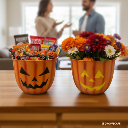 GROWSCAPE Halloween Pumpkin Planter with Face - 10” Fiber Clay Pot with Drainage Candy or Snack Bowl Indoor Outdoor, Fall and Halloween Decor (2 Pack)