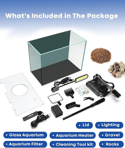 3 Gallon Small Fish Tank Glass Aquarium Set, Starter Kit with Heater Water Pump Cleaning Filter Bright Light Rocks Gravel Cleaning Tool, Leak-Proof Clear Rimless Desktop Spaces Saving Betta Fish