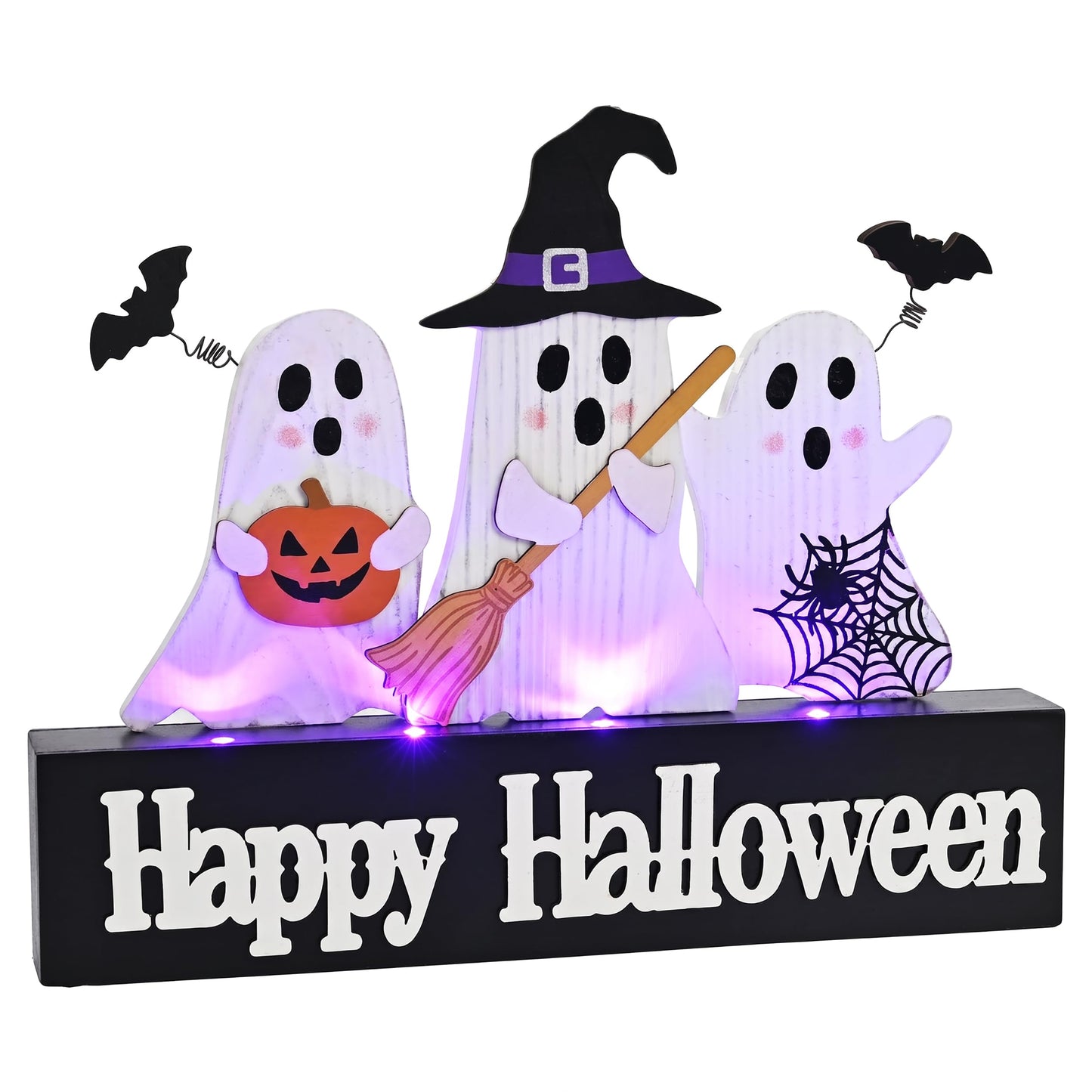 Valery Madelyn Halloween Decorations with Purple LED Lights, Lighted Halloween Ghost Decor, Tabletop Sign with Witch Hat Broom Bats Jack O Lantern for Home Party Indoor, 12 Inch