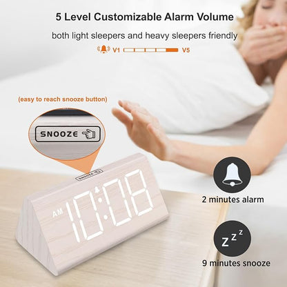 DreamSky Wooden Digital Alarm Clock for Bedroom with RGB Large Numbers | Electric Desk Clock, USB Port, Loud Alarm for Heavy Sleepers, Dimmer and Volume Control, Snooze, Wood Décor, Adapter Powered