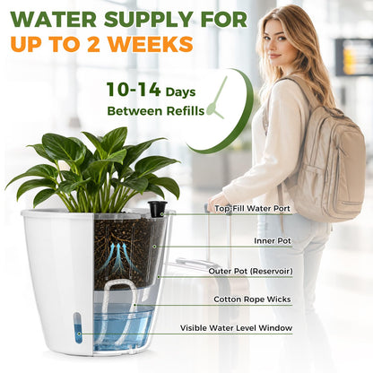 KvyusFlourish Upgraded Self Watering Pots for Indoor Plants, 4-Pack 5 Inch Top-Fill Self Watering Planter with Water Window, Orchid Pots, Clear Wick Inner Basket with Drainage, White