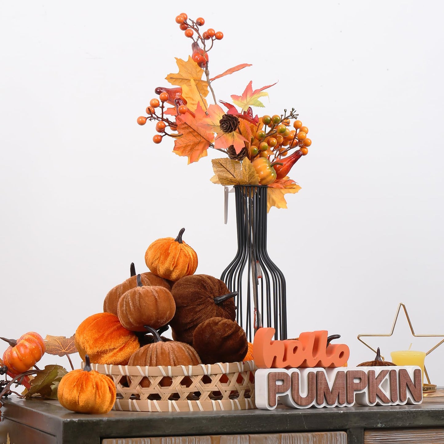 PurpleSwan 17 Pack Fall Artificial Velvet Pumpkins Decorations, Foam Faux Flocked Pumpkin Including Wooden Hello Pumpkins Sign, for Home Autumn Harvest Theme Party Halloween Thanksgiving Table Decor.
