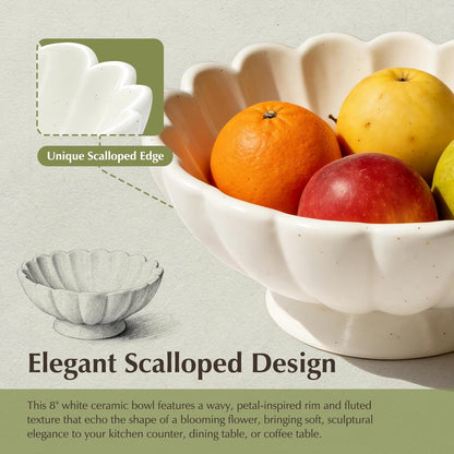 8-Inch Fluted Ceramic Decorative Bowl,Small White Fruit Bowl for Kitchen Counter,Key Bowl for Entryway Table,Handcrafted Pedestal Bowl for Coffee Table, Dining Room Centerpiece,House Warming Gift