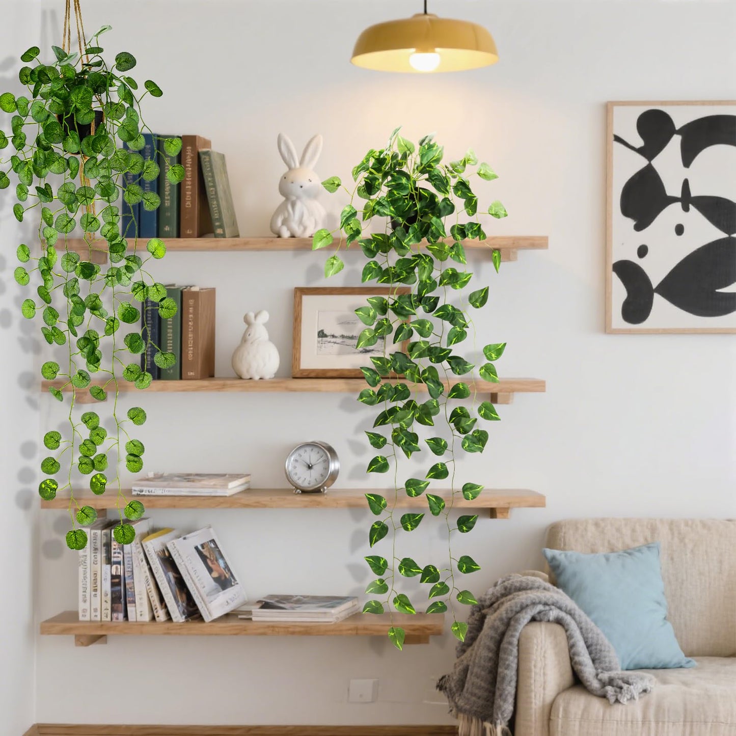 Folmywy 4 Pack Artificial Hanging Plants Vines with Pot Fake Vine Potted Plant Mixed Greenery Leaves Plant Theme Classroom Decoration for Indoor Outdoor Living Room Office Shelf