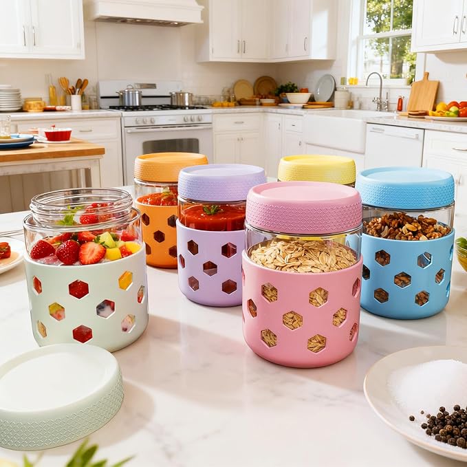 Overnight Oats Containers with Lids, 6 Pack Wide-Mouth Glass Food Storage Jars, 16oz Mason Jar Style Containers Perfect for Yogurt, Oatmeal, Fruit, Snacks and Meal Prep