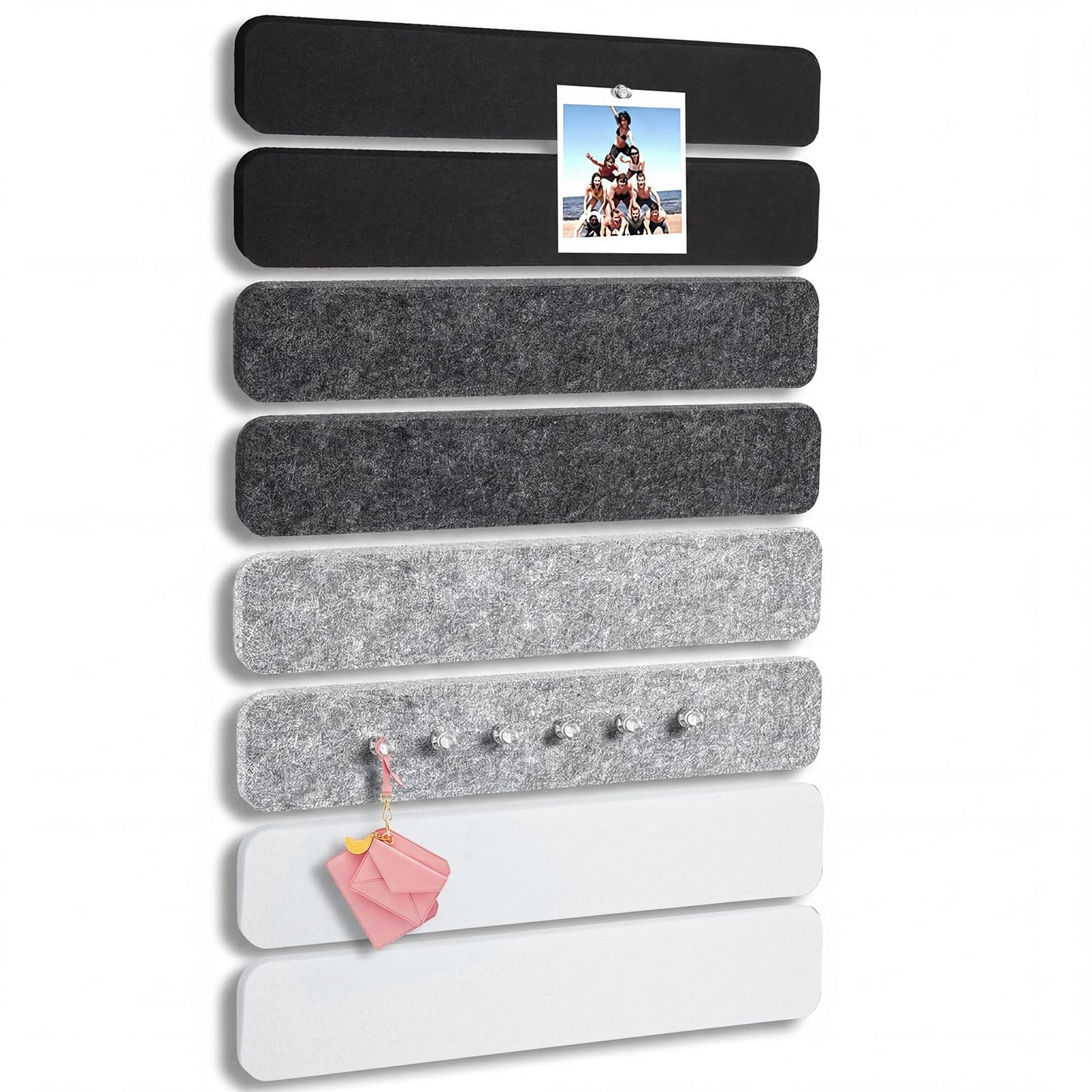 Thboxes 8 Pack Felt Bulletin Board Strips, 13x2 Inch Self Adhesive Felt Pin Boards with 50 Pushpins and 10 Wooden Clips Push Pins, Cork Board for Walls Home Office Decor(Black White Gray)