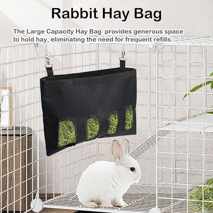 Rabbit Hay Feeder Bag, Large Capacity Rabbit Hay Bag Small Animal Hanging Hay Bag 600D Oxford Cloth Bunny Hay Feeder Bag for Rabbits Guinea Pigs Chinchillas (Black-2 Holes-2Pcs)