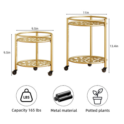Rioneta Rolling Plant Stand with Wheels – 2 Tier Flower Pot Holder for Indoor & Outdoor, Easy Move Cart for Balcony, Patio, Garden, 165 lbs Capacity Golden