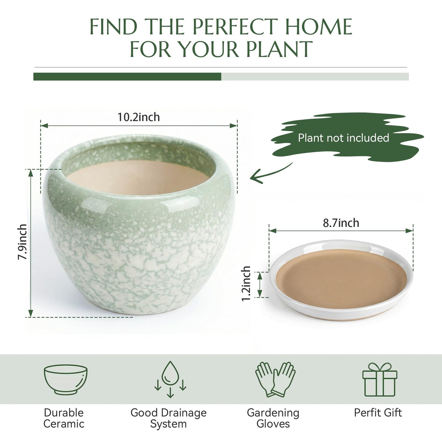 TOSELBAI 10.2 Inch Ceramic Planter with Saucer Leak-Proof Mesh &Drainage, Round Plant Pot with Gardening Gloves for Indoor Outdoor Plants (Jade Green)