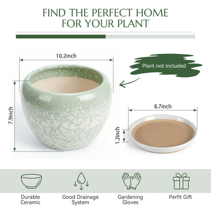 TOSELBAI 10.2 Inch Ceramic Planter with Saucer Leak-Proof Mesh &Drainage, Round Plant Pot with Gardening Gloves for Indoor Outdoor Plants (Jade Green)