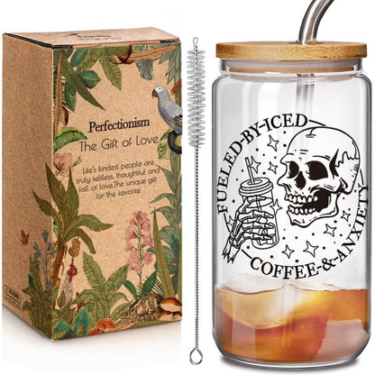 Enanaimg Fueled by Iced Coffee and Anxiety Skull 16 oz Coffee Mug with Lids and Straws, Skeleton Cup, Skull Gifts for Women, Funny Witchy Skeleton Gifts for Women, Friend, Sister, Mom