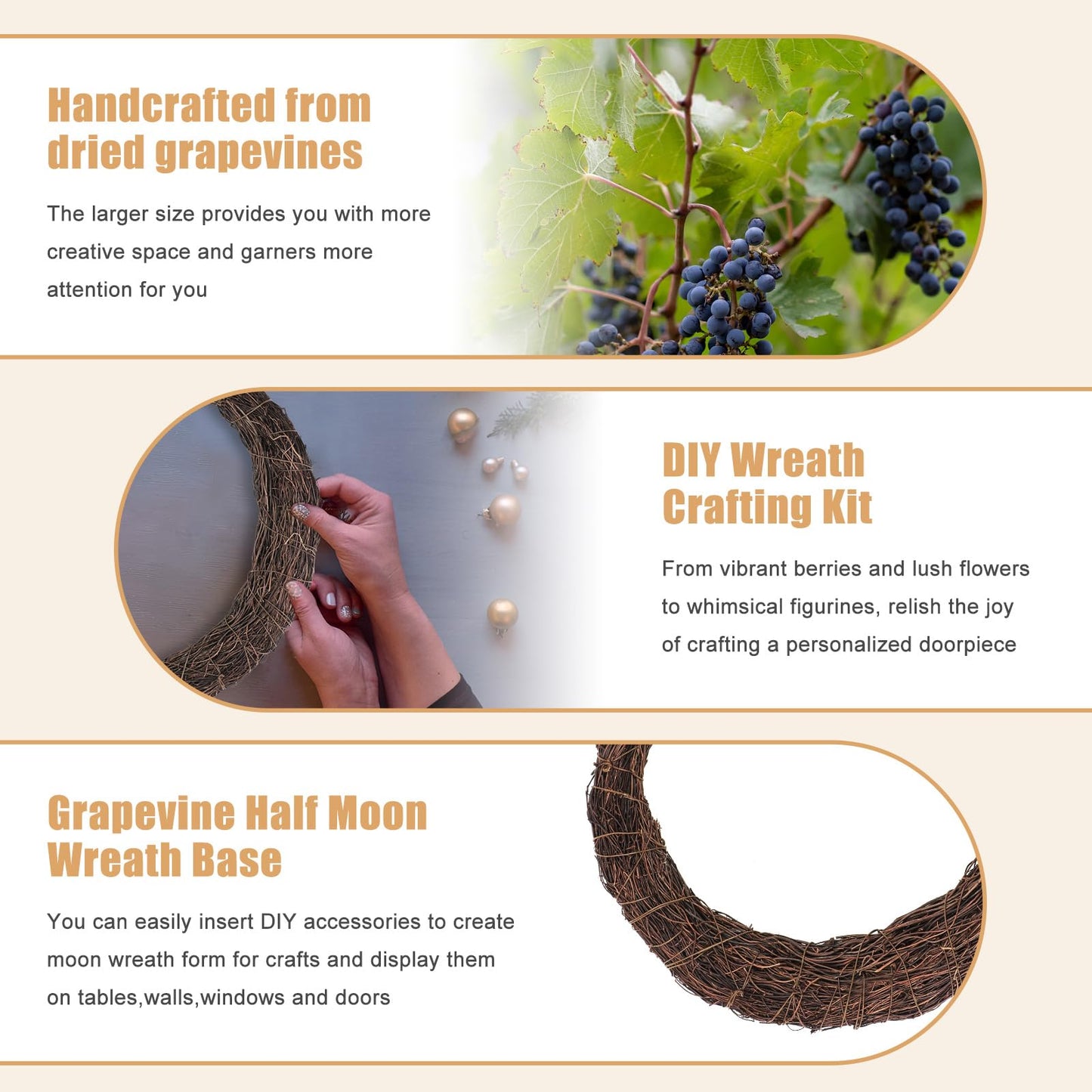 Temfmy Moon Wreath - 14 Inch Crescent Moon Natural Grapevine Wreaths Base - DIY Half Moon Shaped Wreath Making Supplies for Decor - 2 Pack