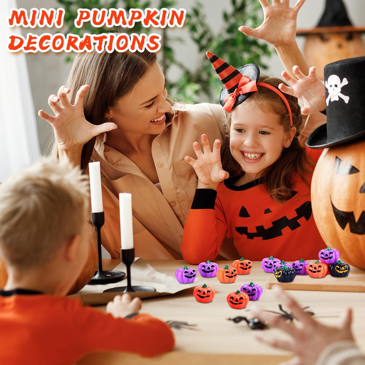 Yalikop 60 Pcs Mini Resin Pumpkin Halloween Miniature Grimace Pumpkin Tiny Vegetable Decor for Halloween Thanksgiving Fall Harvest Festival Party DIY Craft Home Table Decor(Orange, Purple and Black)