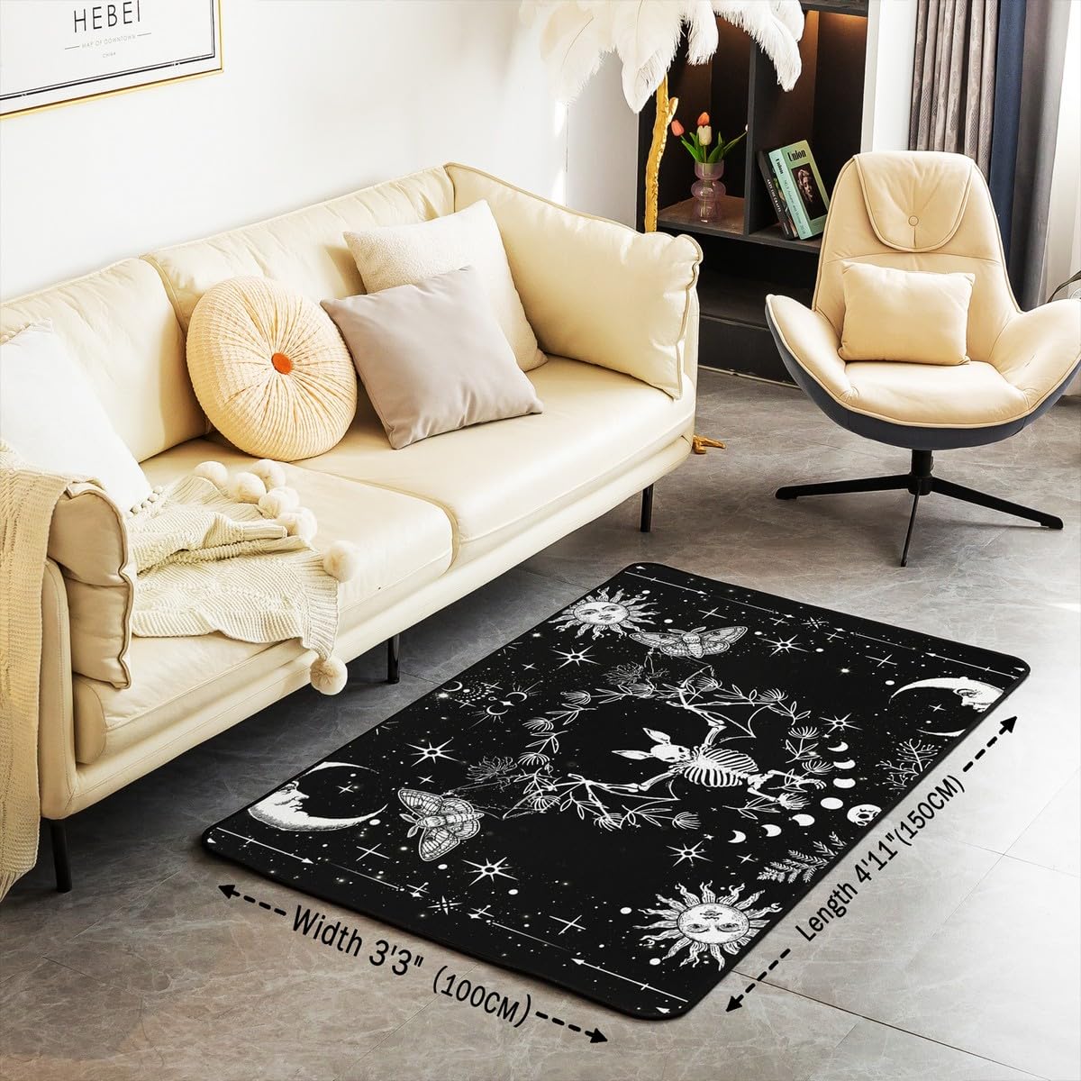 Castle Fairy Gothic Bat Area Rug 5x6'6''x0.39'' for Bedside,Halloween Skull Boho Sun Moon Home Mat for Playroom Office,Rustic Botanical Leaves Indoor Floor Area Rugs Washable Rug