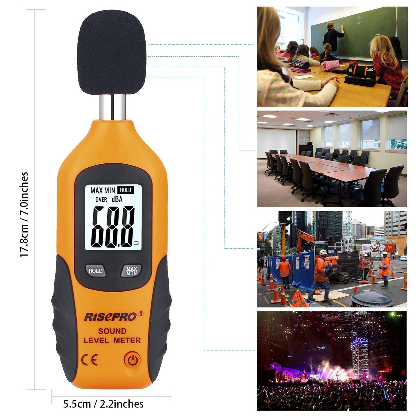 Decibel Meter, RISEPRO® Digital Sound Level Meter 30 – 130 dB Audio Noise Measure Device Backlight MAX/MIN, Data Hold Auto Power Off Dual Ranges HT-80A