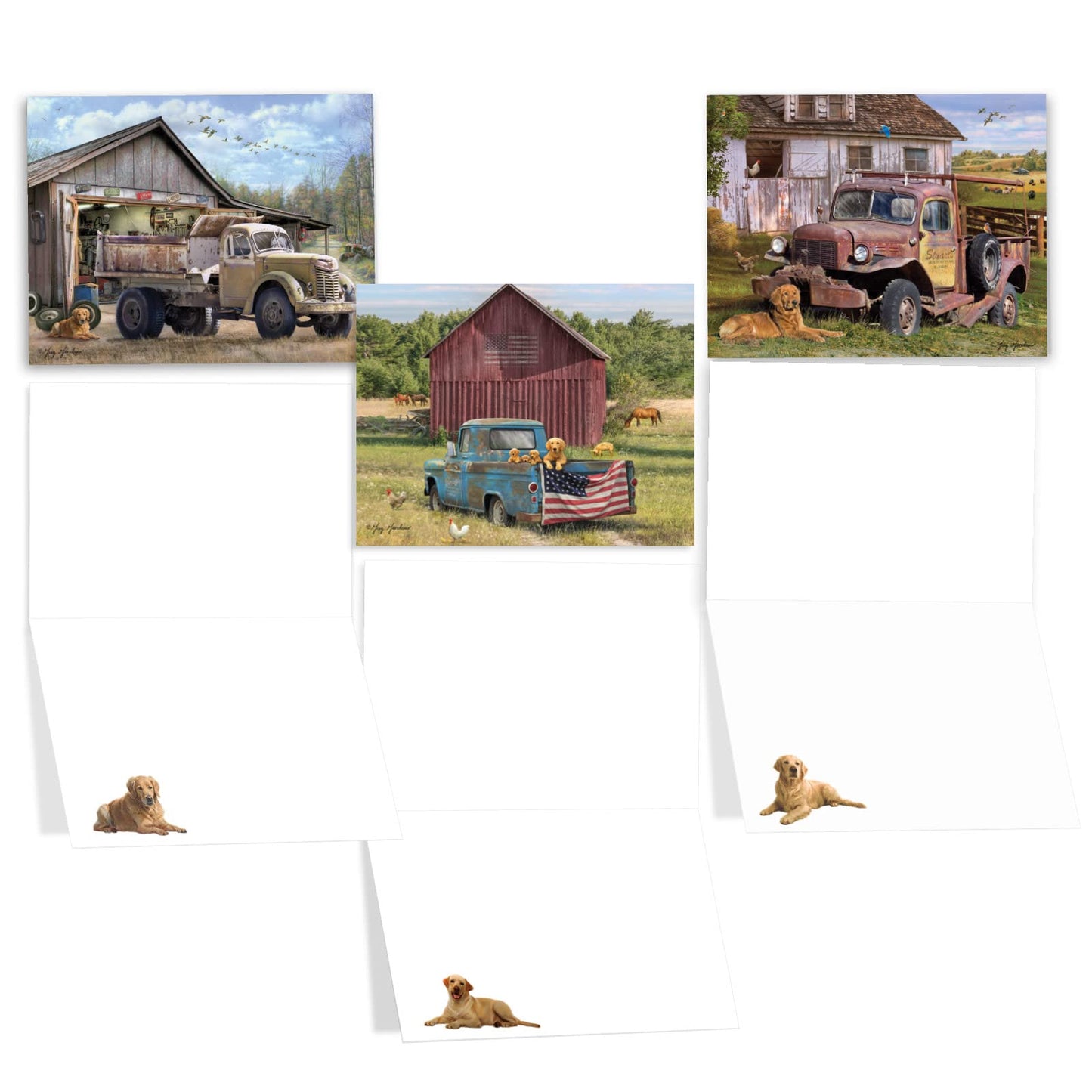 The Best Card Company 20 Assorted Blank Americana Dog and Pickup Cars Notes Bulk Box Set 4 x 5.12 Inch with Envelopes (10 Designs, 2 Each) Labrador, Country, Farm Trucks and Labs AM10203OCB-B2x10