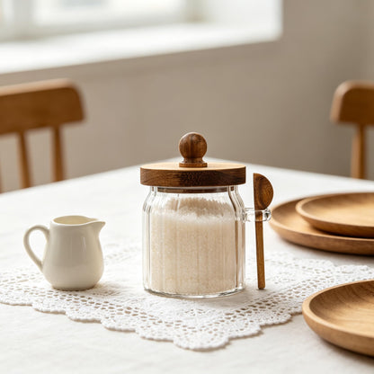 Steviieden Vintage Glass Jar Sugar Container with Wooden Spoon Lid, 14 FL OZ Airtight Glass Jar for Coffee Cereal Candy Nuts Salts Coffee Tea Spice