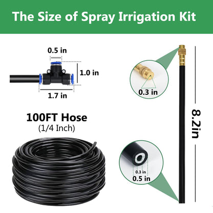 100FT Drip Irrigation System, 1/4 Inch Hose with 360° Adjustable Copper Nozzles – Garden Watering Kit for Lawn, Raised Beds, Greenhouse & Yard