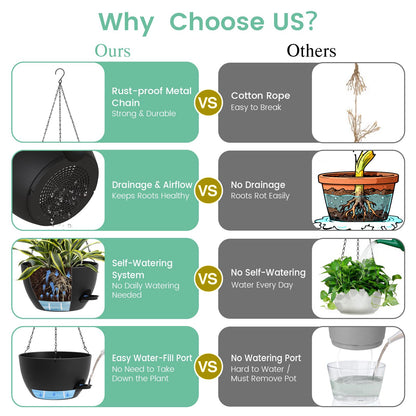 UOUZ 4 Pack 8 Inch Self Watering Hanging Planters for Indoor Outdoor Plants，Hanging Pots for Plants with Drainage Removable Tray, Hanging Baskets Flower Pots for Ivy Pothos Spider Garden Porch Black