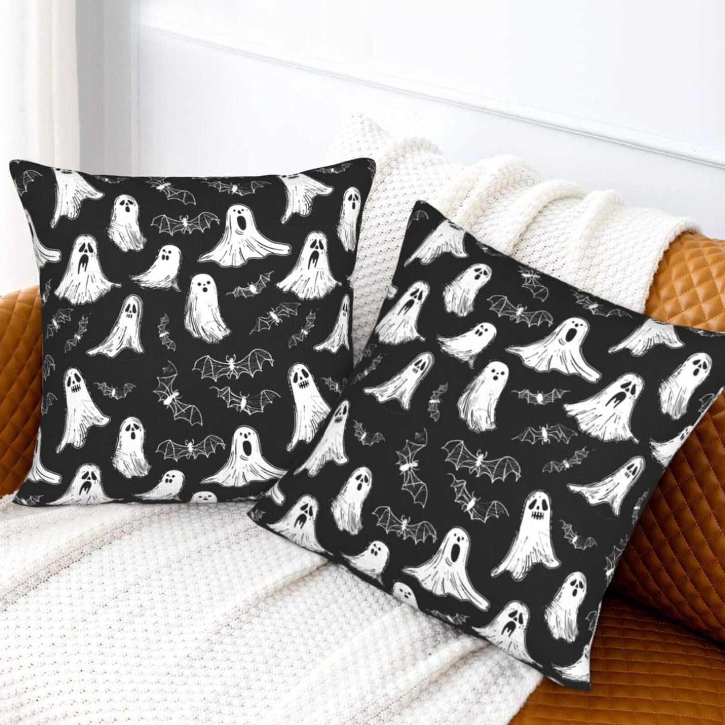 Famame Decorative Pillow Covers Set of 2 Ghost Bats Cute Halloween Throw Pillows Cover 18x18 inch Square Pillowcase Couch Cushion Cases for Sofa Living Room Bedroom Home Decor