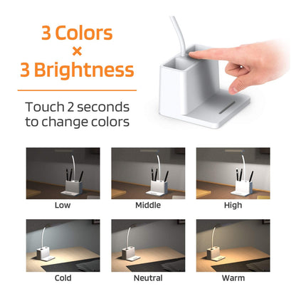 AXX Rechargeable Small Desk Lamp for Home Office Bedroom, Study Table Light for Kids Teens, White, LED, Pen Holder, Mini, Gooseneck, College Dorm Room Lighting for Computer Keyboard Desktop Task