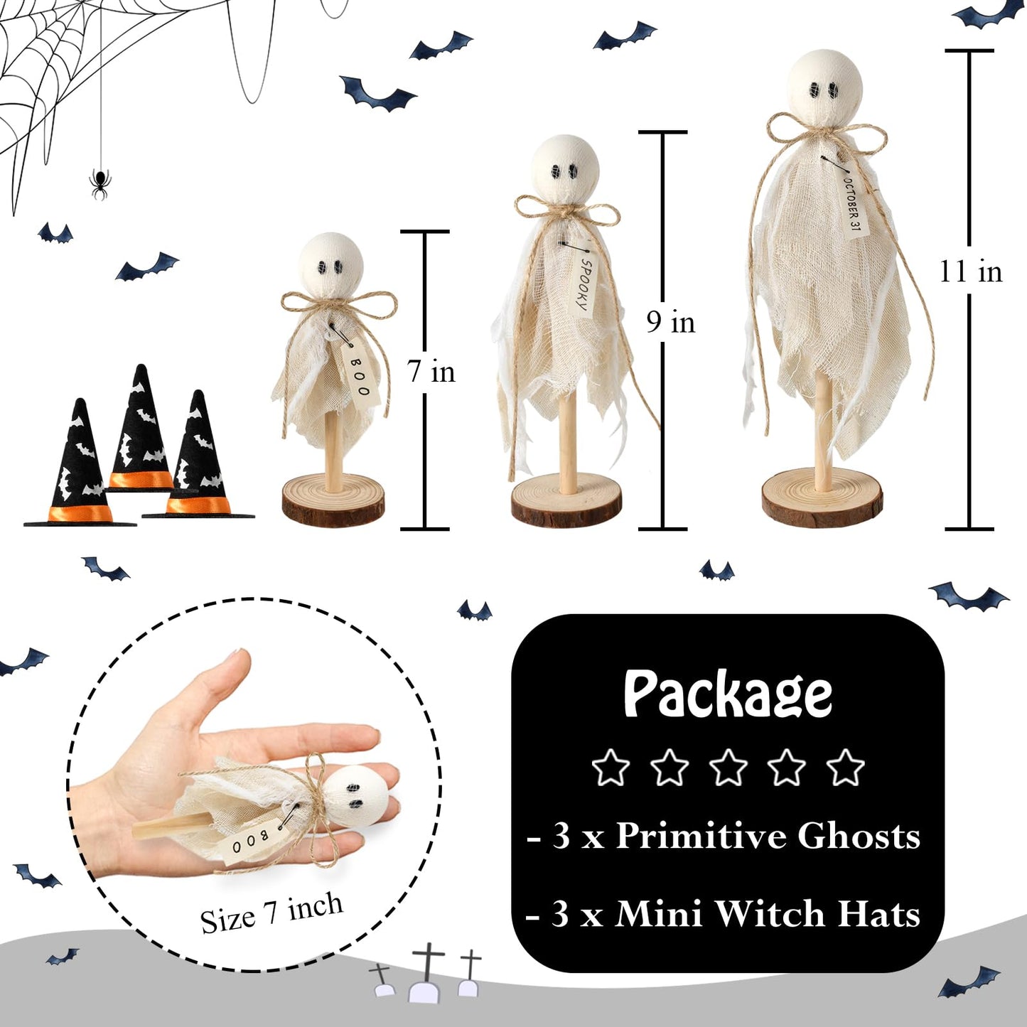 Yanleen Halloween Decorations Indoor, Set of 3 Primitive Halloween Ghosts with Witch Hat Bat on Wooden Stand Spooky Halloween Table Decor Table Centerpieces, Tiered Tray Decor, Shelves Mantels