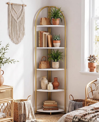 Rifoer 5 Tier Corner Shelf, Luxury Gold Corner Plant Stand with White Wood Shelves,Modern Metal Corner Bookshelf Display Rack,Premium Corner Storage Shelving Unit for Living Room,Bedroom,Bathroom
