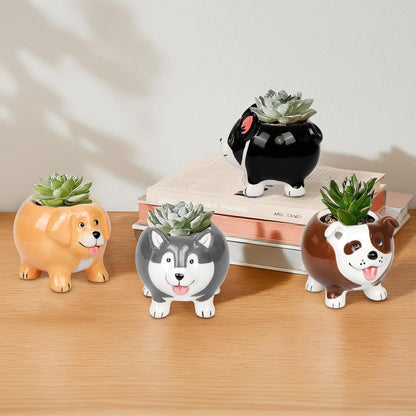 EFISPSS 4PCS Animal Succulent Plant Pots, Mini Doggy Shape Succulent Planter Pots with Drainage Hole, Ceramic Flower Pots for Home Decor and Office Desk Decoration